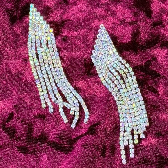 Vintage Swarovski Crystal Fringe Earrings Silver Tone 3 Inch Drop Statement NOS - Picture 3 of 4